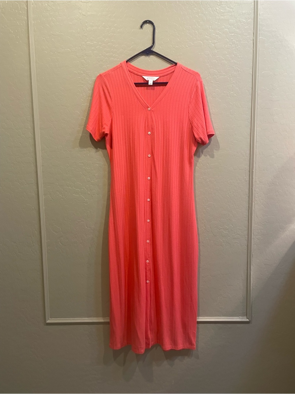 Market & Spruce Coral Pink Ribbed Button-Front Midi Dress